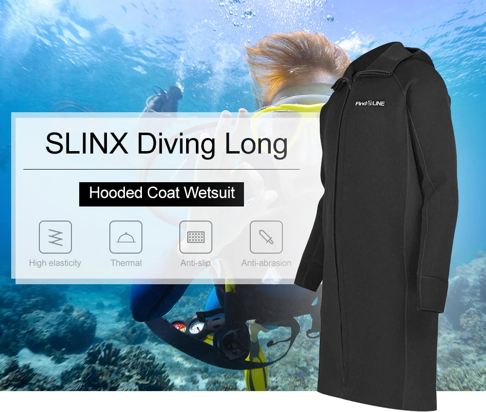 SLINX hombres de 3mm de largo de la rodilla-longitud de buceo abrigo protector solar de buceo neopreno largo Abrigo con capucha traje de secado rápido de buceo chaqueta