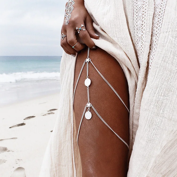 Boho Coin Silver Color Thigh Leg Chain Waist Thigh Sexy Body Chains Belly Necklace Bracelet on the Leg Accessories Women Jewelry