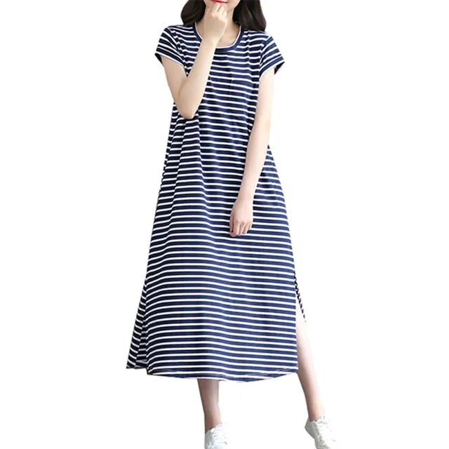 Femmes Jersey Maxi D'été Rayé Douce Chemise De Fille Mode Robe Femelle Occasionnel Robes Femme Coton Longue Imprimer n8wOPk0