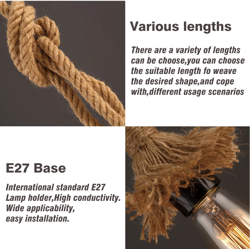 Винтажная пеньковая веревка E27, подвесной светильник, основание 1 м, 1,5 м, 2 м, 2,5 м, 3 м, 85-265 в, лофт, промышленный, ретро, подвесной светильник с нитью Эдисона