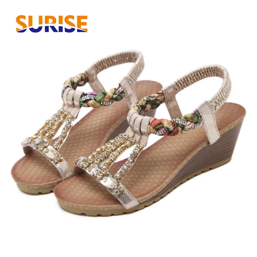 

Casual Bohemia Women Sandals Platform High Wedge Heel Rhinestone String Slip On Glitter Leather Plaited Summer Silver Lady Shoes