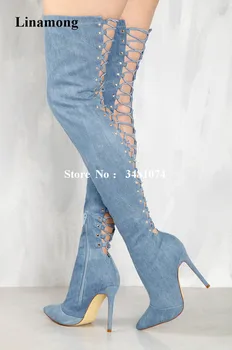 

New Fashion Design Sexy Over The Knee Boots Pointed Cross-tied Denim Thin Heels Boots Spring Autumn Pointed Toe Women Long Boots