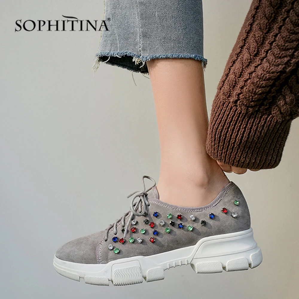 

SOPHITINA Hot Sale Flats Platform Fashion High Quality Kid Suede Shoes Round Toe Crystal Lace-up Shoes Young Lady Flats SO132
