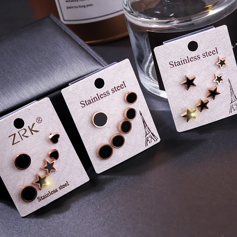 

3 Pairs /set Black Titanium Steel Stud Earrings Men Women Rose Gold Star Love Heart Round Square Geometric Earrings Jewelry