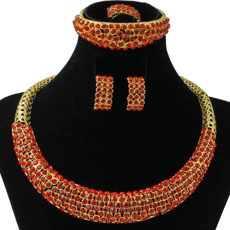 

2018 Italian Fashion Red Crystal Hollow Necklace Earrings Jewelry Sets Charm Dubai Women Wedding Party Gold Jewelry Accessories