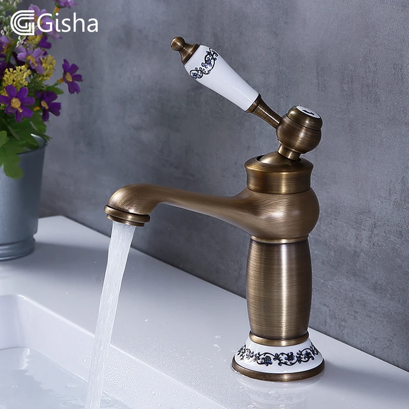 Billige Gisha Waschbecken Becken Armaturen Zeitgenössische Antike Messing Wasserhahn Mischer Wasserhahn Drehen Einzigen Handgriff Heißen Und Kalten Kran
