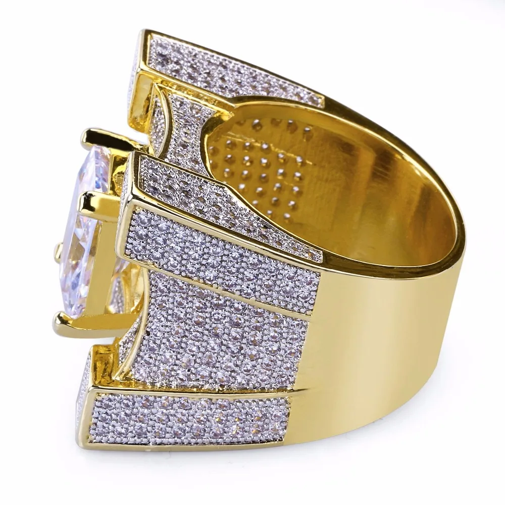 AAA кубического циркония льда из Bling Золотой большой широкий хип хоп кольца золото цвет геометрический для мужчин хип хоп рэппер CZ кольцо ювелирные изделия