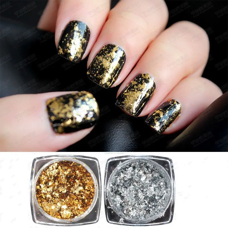 

1 Box Mirror Glitter Silver & Gold Nail Sequins 0.2g/box Irregular Aluminum Flakes Nail Art Glitter Powder Paillettes 2 Colors
