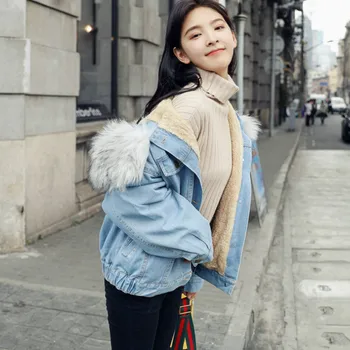 

Oversized Faux Fur Collar Hooded Denim Jacket High Waist Fluffy Rabbit Plush Lambs Cardigan Thick Jeans Coat Long Outwear Tops