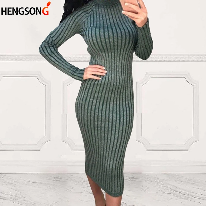 

Warm and Charm Women Sweater Dress 2019 Fall Winter Long Sexy Lurex Bodycon Dresses Elastic Striped Skinny Knitted Dress