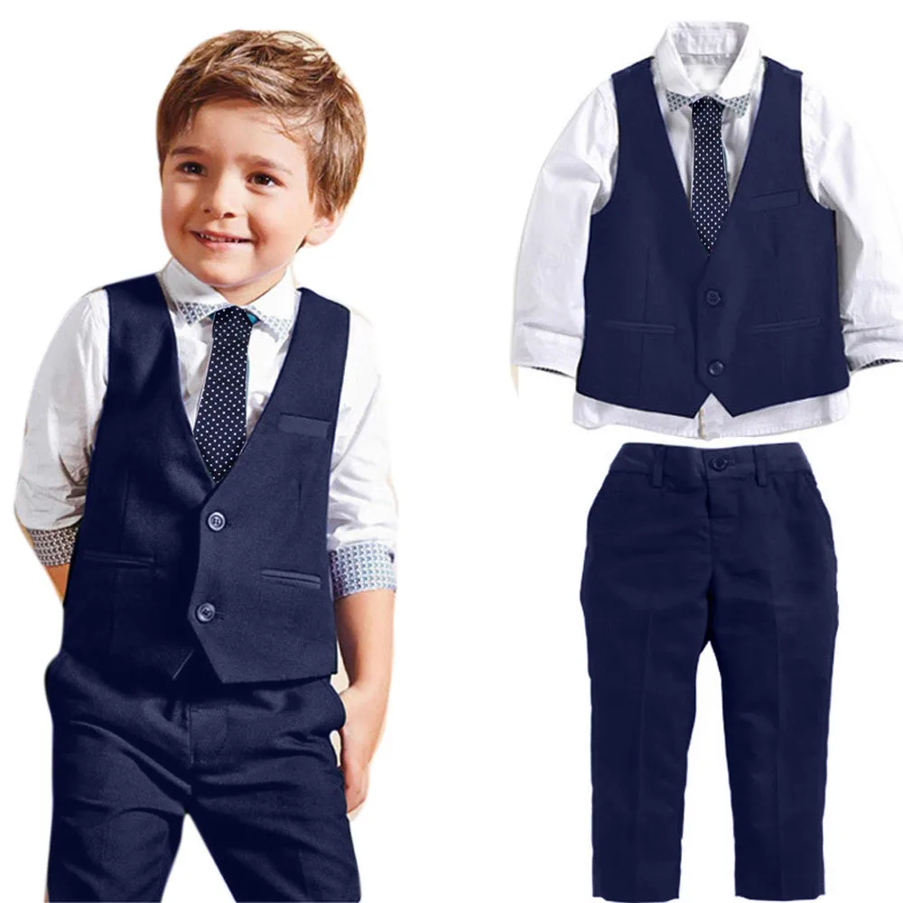 Свадебные костюмы для маленьких джентльменов рубашка+ жилет+ длинные штаны+ галстук, одежда 1 комплект, осенняя одежда для малышей Зимние костюмы для мальчиков