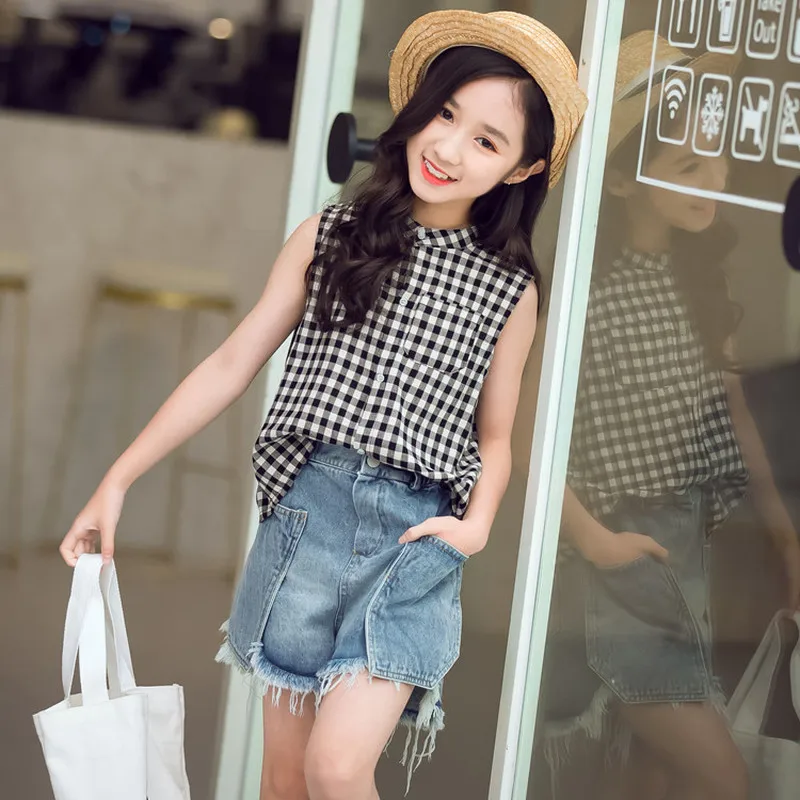 

Baby Girl Summer Plaid T-shirt Tops+Denim Shorts Girls Clothes Set Child Casual Clothing for 3-14Years Girls 2 Pcs Suit CA940