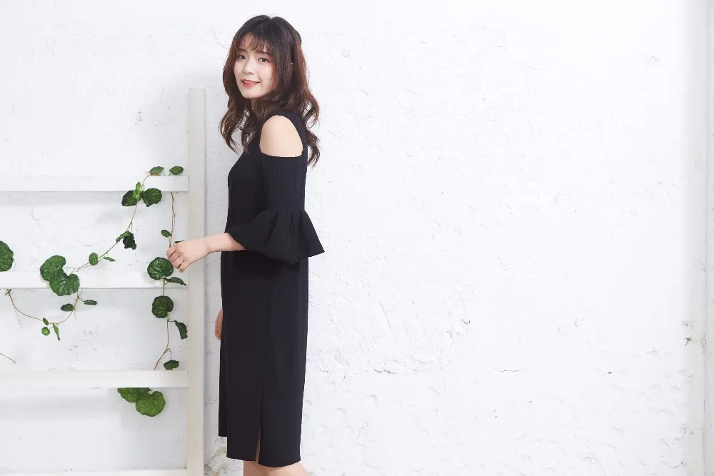 OLOME, Vestidos, трикотаж, Черное женское летнее платье, модное офисное корейское платье с открытыми плечами и рукавами-бабочками, женская одежда