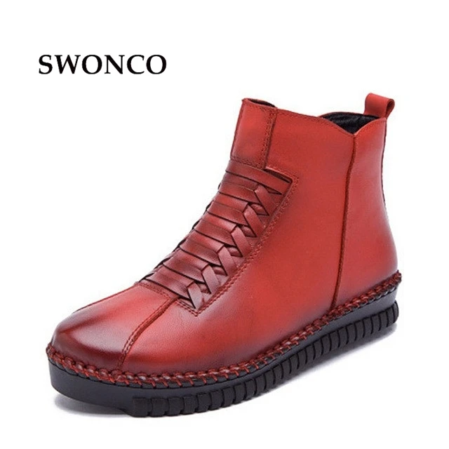 Fashion Sewing Genuine Leather Winter Women Ankle Boots Warm Short Plush Inside Rubber Sole Non-slip Women