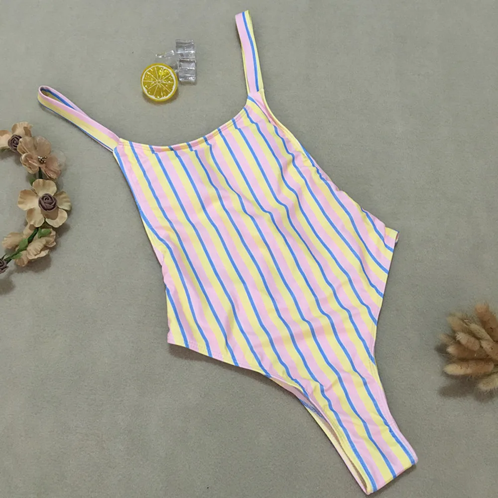 

Swimwear Women One Piece Push Up Swimsuit 2019 Women Sexy Bikinis Tankini Brazilian Striped Printing Swimwear Once-Piece
