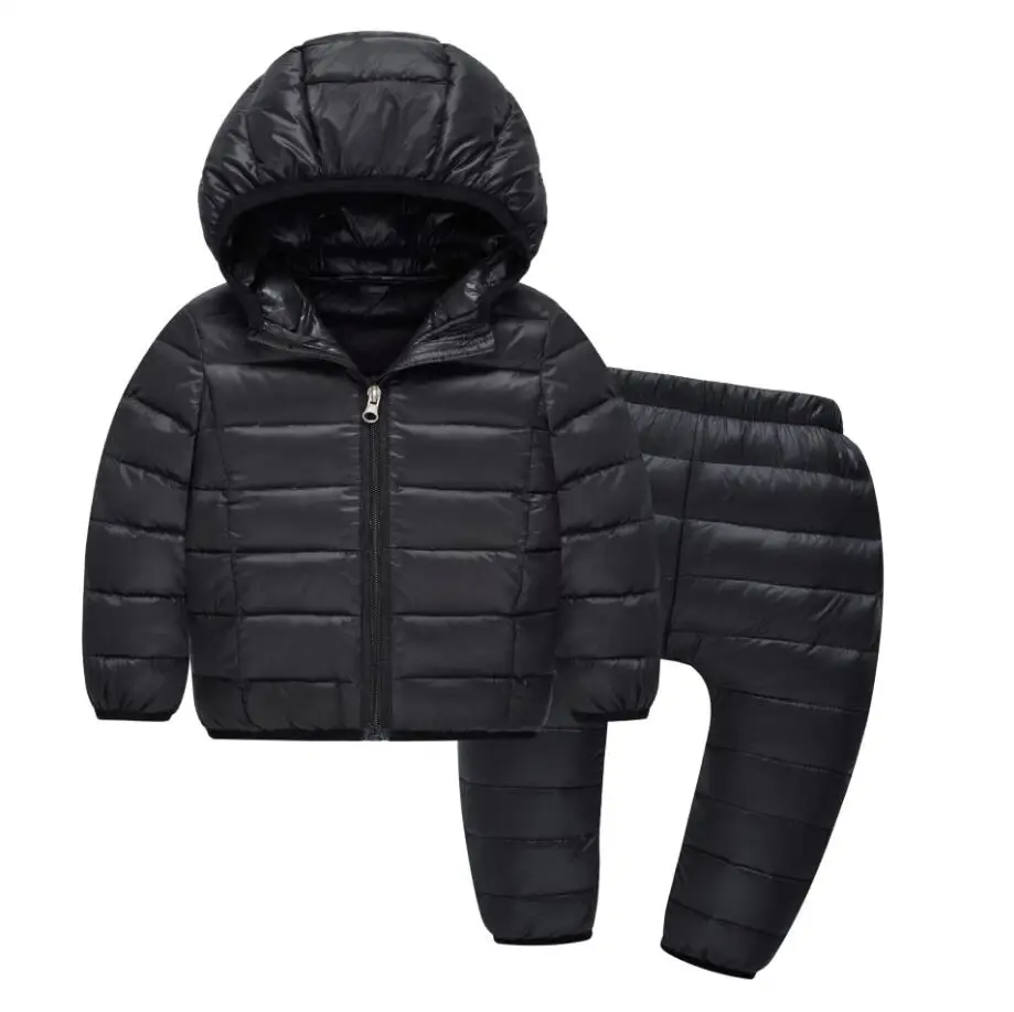Зимняя детская одежда комплект для мальчиков и девочек, детский лыжный костюм, комбинезоны, пальто для маленьких девочек теплый зимний костюм, куртки+ комбинезоны 2 шт./компл - Цвет: Черный