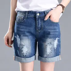 Лето Плюс Размеры Джинсовые шорты женский большой Размеры 5XL прямой короткий леди Винтаж рваные кисточкой отверстие джинсы шорты Feminino