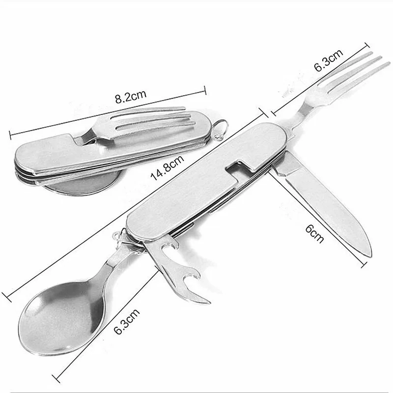 Новинка, столовые приборы для кемпинга, путешествий, пикника, консервный нож из нержавеющей стали, 4 в 1 инструмент, складная вилка, ложка, портативная посуда для улицы