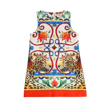 

Summer quality Girls sleeveless Dress baby dress kids brand Vestidos Children Clothes cartoon tiger totem print 2 to 10 yrs