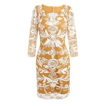 

Heavy Flower Mesh Appliques Women Dress Elegant O-Neck Long Sleeve Dresses H8272