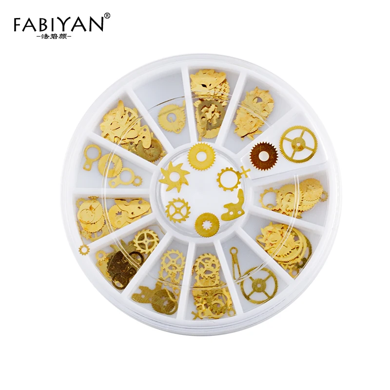 

12 Style 3D Tips Nail Art Wheel Watch Parts Skeleton Steam Punk Rock Gold Tone Metal Slice Gear Foils Decoration Tools Manicure
