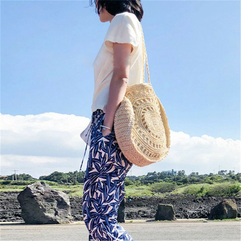 

LUKATU Straw Bag Handmade Woven Hollow Solid Color Shoulder Bag Summer Round Large Capacity Clutch Handbag For Women Bolsa