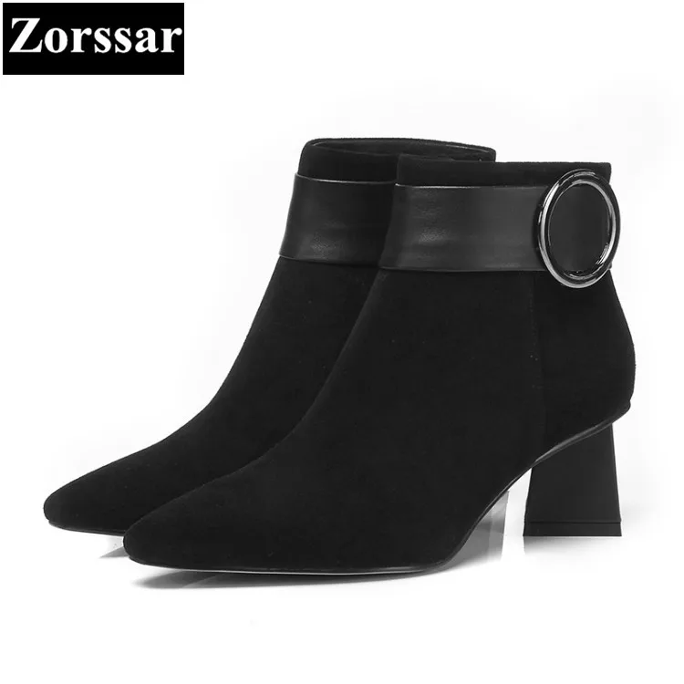 

{Zorssar} 2017 NEW suede Leather Womens Chelsea boots pointed Toe High heels ankle Boots fashion Autumn winter women shoes