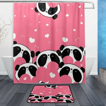 

Cute Panda Valentine Love Heart Waterproof Polyester Fabric Shower Curtain with Hooks Doormat Bath Floor Mat Bathroom Home Decor
