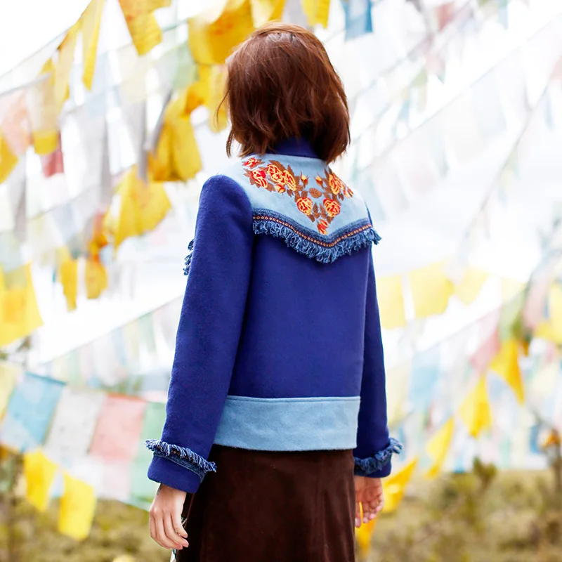 Осенне-зимние женские винтажные новинки с v-образным вырезом Роскошная вышивка с кисточками тонкое лоскутное Короткое синее шерстяное пальто