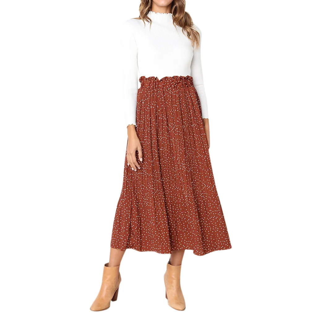 Women Vintage Floral Print Pleated Midi Skirt Elastic Waist Mid Calf Length Retro Ladies Causal