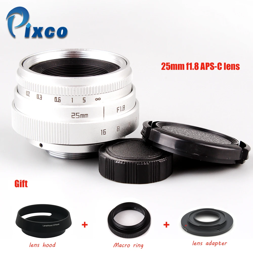 

Pixco 25mm f/1.8 APS-C TV Lens+Lens Hood+Macro Ring+C to camera adapter For Canon M FX Pentax Q N1 Micro 4/3 Silver