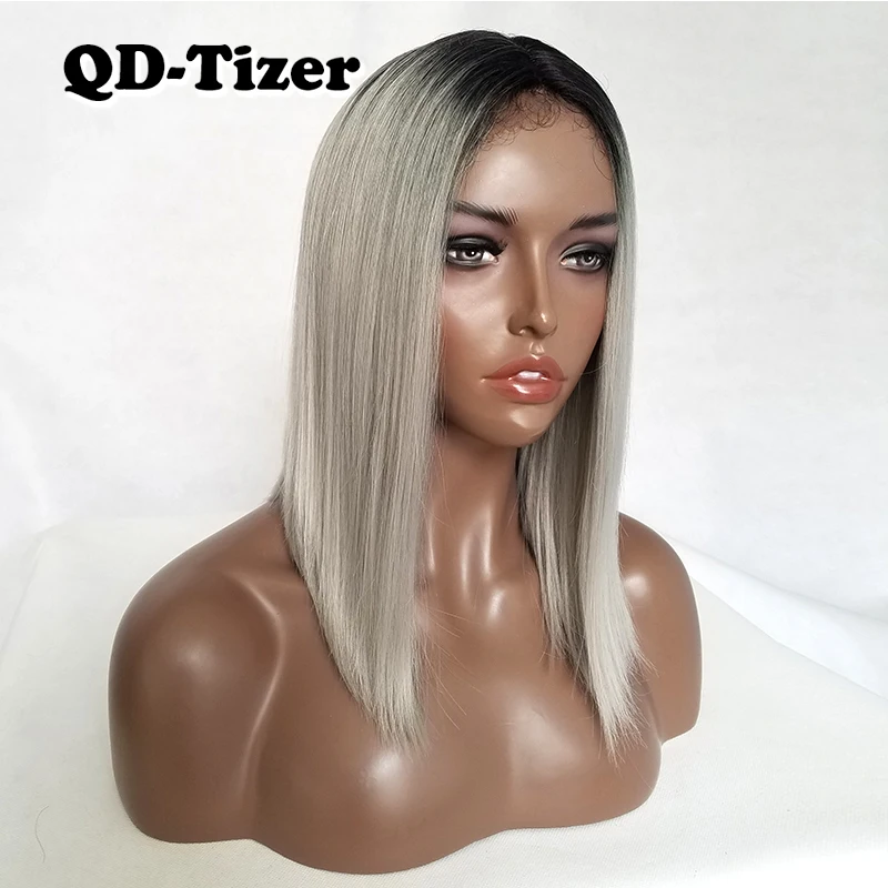 QD Tizer синтетический кружевной передний парик Омбре Черные Серые волосы