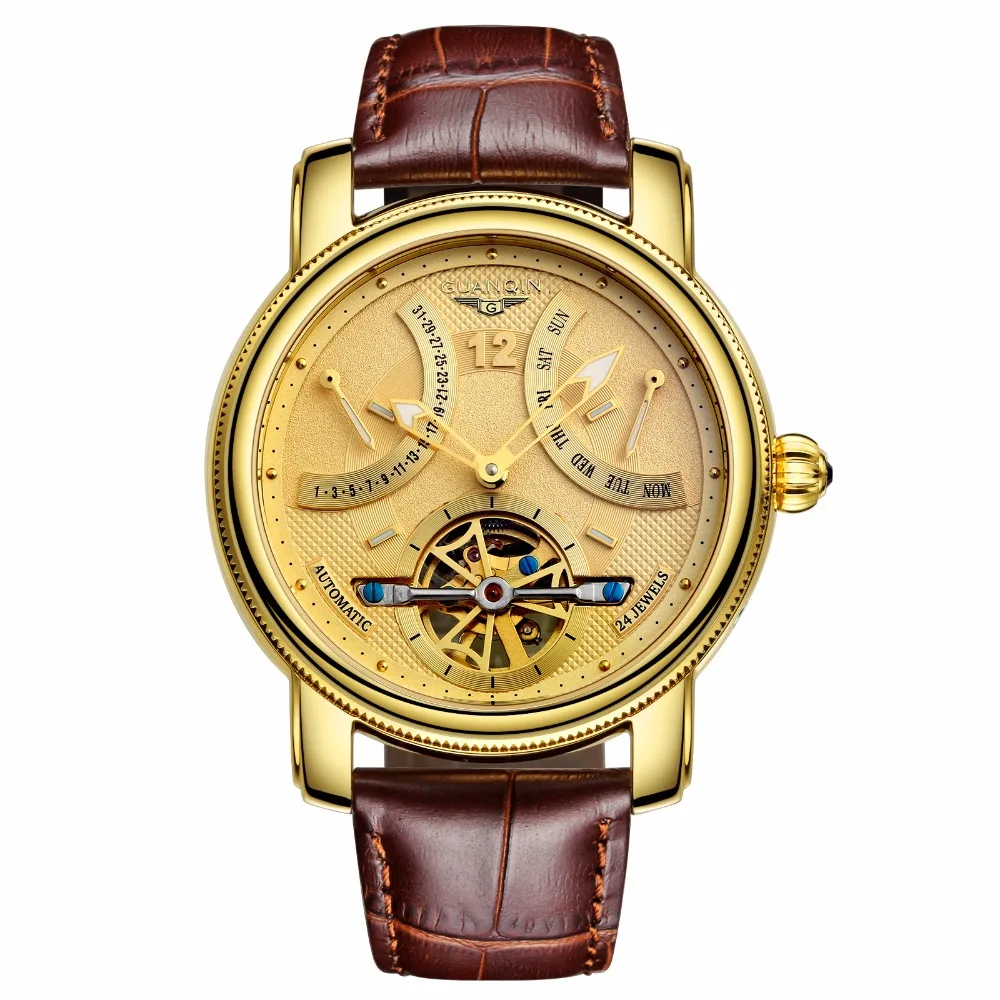 GUANQIN, новинка, роскошные брендовые автоматические механические часы, мужские водонепроницаемые светящиеся часы с календарем, кожаные золотые наручные часы