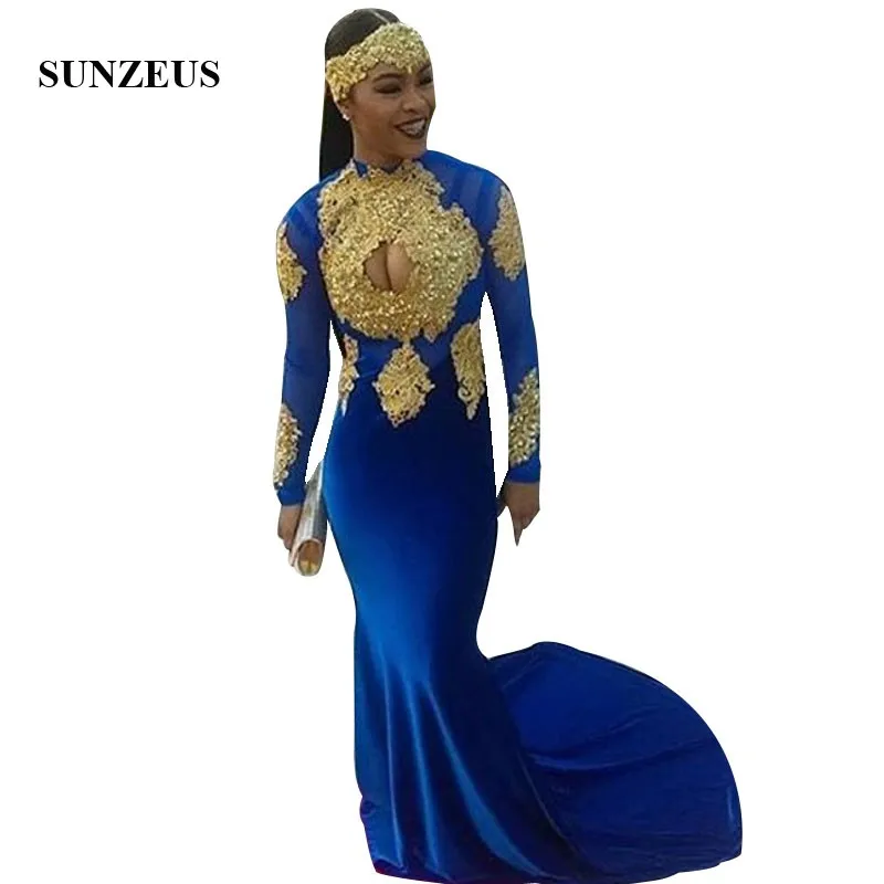 royal blue С высокой горловиной одежда с длинным рукавом Королевское бальное голубое платье для выпускного вечера с золотой Аппликация из бисера Длинные вечерние платья со шлейфом Для женщин vestidos платье для праздников - Цвет: royal blue