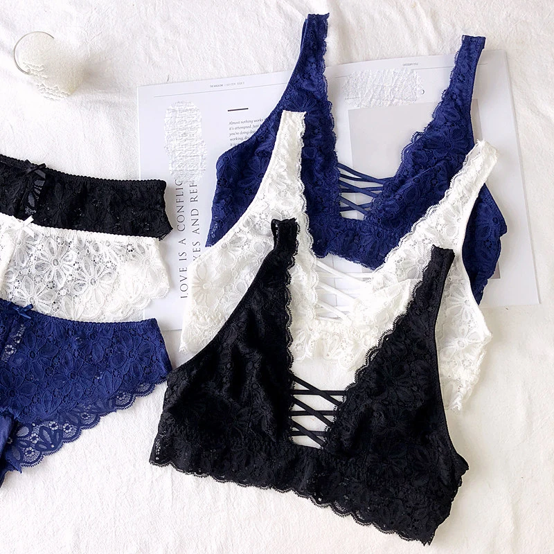 

3 colors Wireless comfortable women sexy underwear full lace deep-v bra and panty sets ultrathin bralette panties pull-over