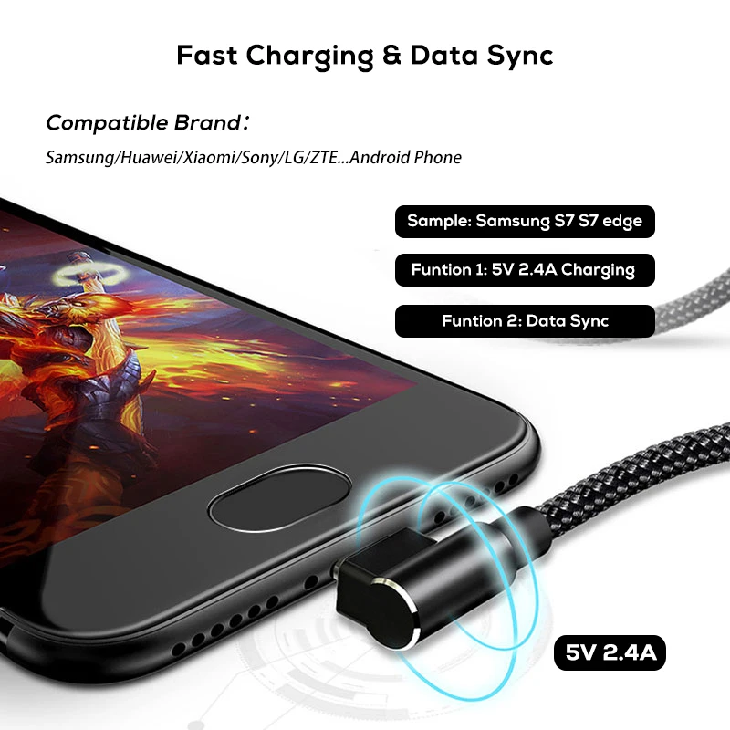 SUPTEC 90 градусов Micro USB кабель 2.4A Быстрая зарядка данных провода Шнур зарядное устройство кабель для Android samsung S6 S7 Edge Xiaomi huawei LG