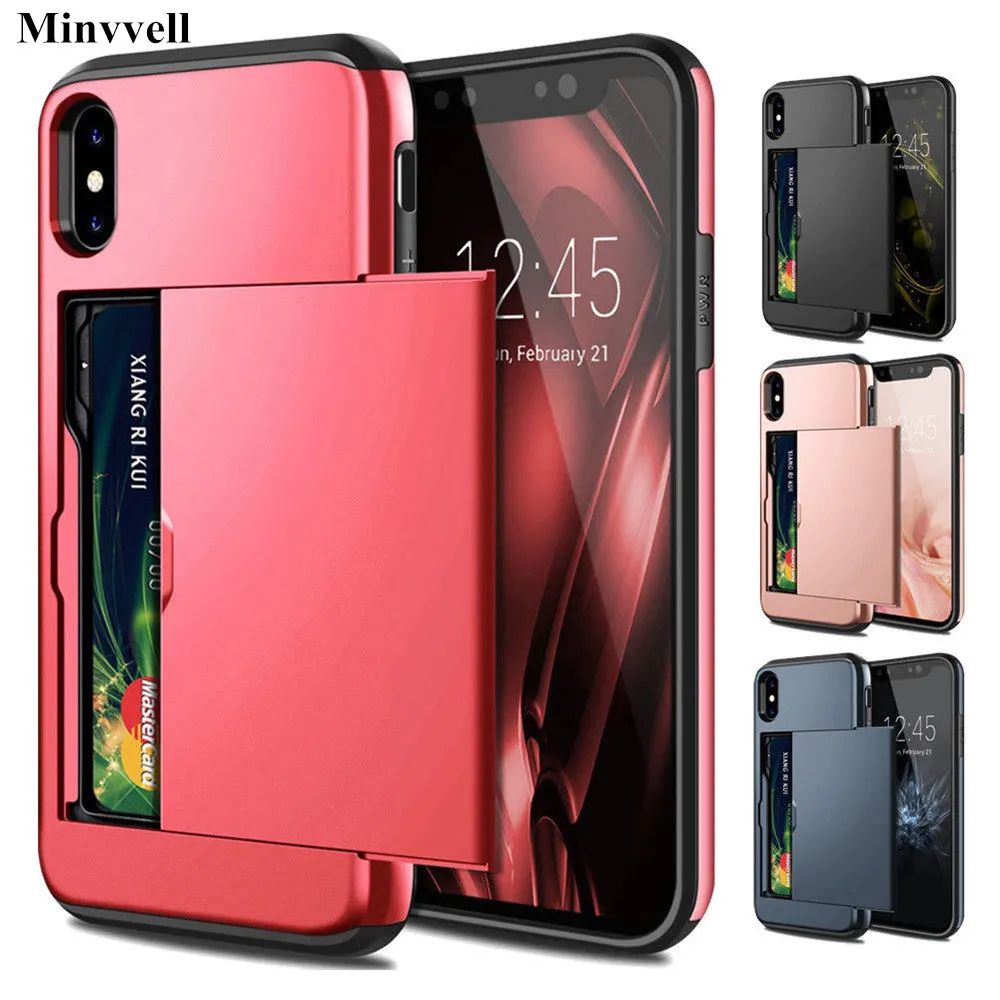 Armor Slide Card Case For iPhone X XS MAX XR 7 8 Plus 6 6S Card Slot Holder Cover For Samsung S9 S8 Plus S7 S6 Edge Note 9 Cases