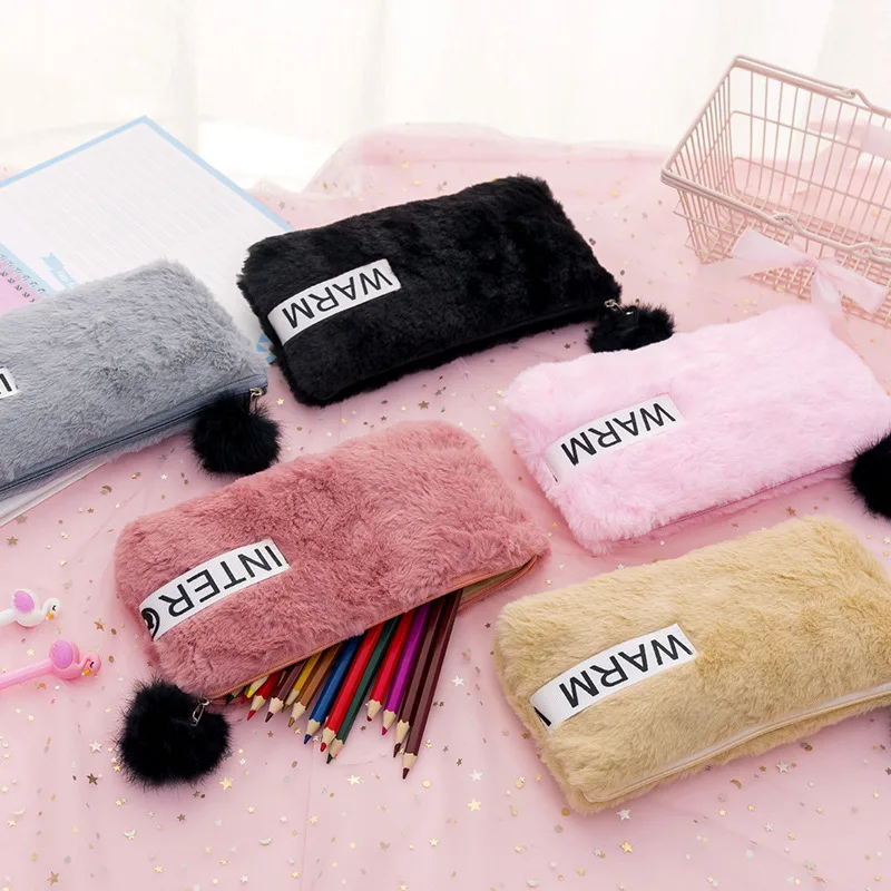 

2019 Back To School Pencil Bag Girls Lovely Large Plush Pencil Case Zippered Pen Bag Schools & Offices Pencil Pouches