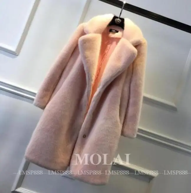 Осень-зима, новое модное длинное пальто из искусственного меха, Женское пальто из искусственного меха норки с большим отворотом, теплое пальто, Меховая куртка Casaco Feminino - Цвет: Розовый