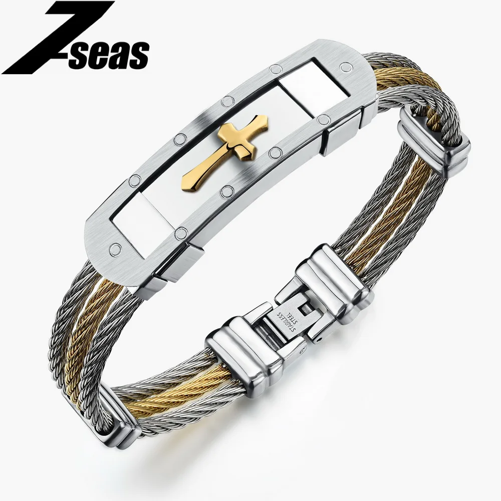 7seas Religious Cross Men Bracelets Gold Silver Color Stainless 7seas Religious Cross Men Bracelets Gold Silver Color Stainless Steel Jewelry Best Gift For Christmas Pulseras Hombre Jm782 In Id From