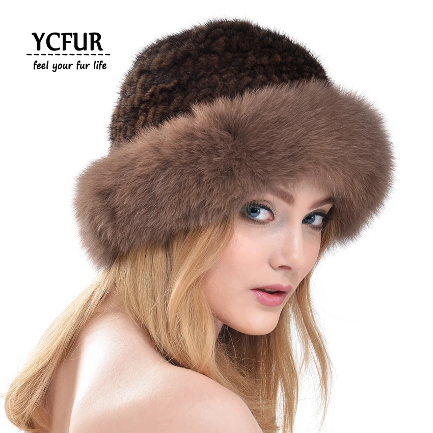 

YCFUR Women Fur Caps Winter Genuine Knitted Mink Fur Hats Fox Fur Trims Warm Winter Real Mink Fur Beanies Hats Winter YH179