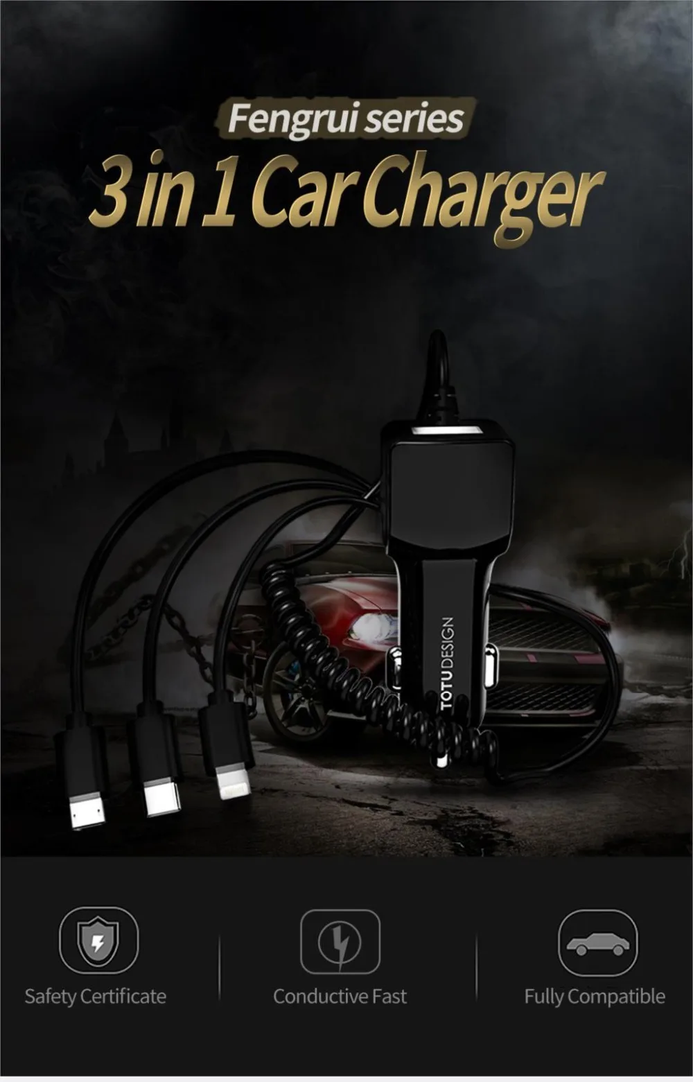 TOTU автомобильное зарядное устройство 3 в 1 адаптер для быстрой зарядки Micro usb type C пружинный кабель для мобильного телефона автомобильное зарядное устройство для samsung iPhone 8 7 Plus