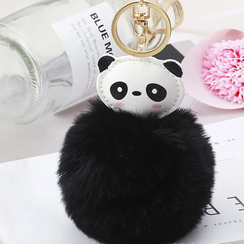 

2019 cute panda Women Fluffy Pompom Keychain llavero pom pom key chain Rabbit Fur Ball Bag Chaveiro Pompon Porte clef