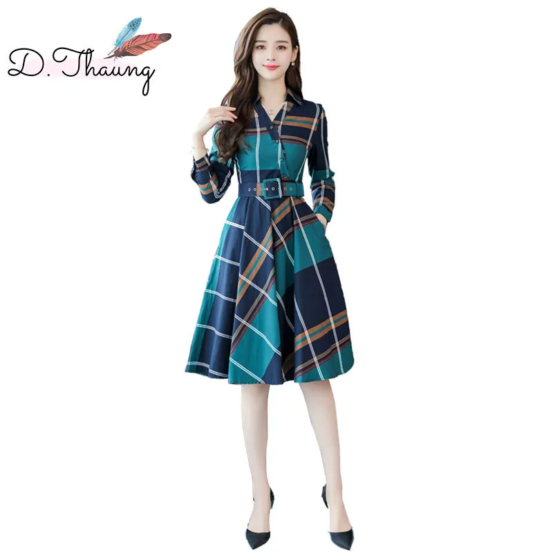 

Dress Spring Female 2019 New Medium Long Plaid Women Dress Single-Breasted Large Size Loose Ladies Dress Qw071