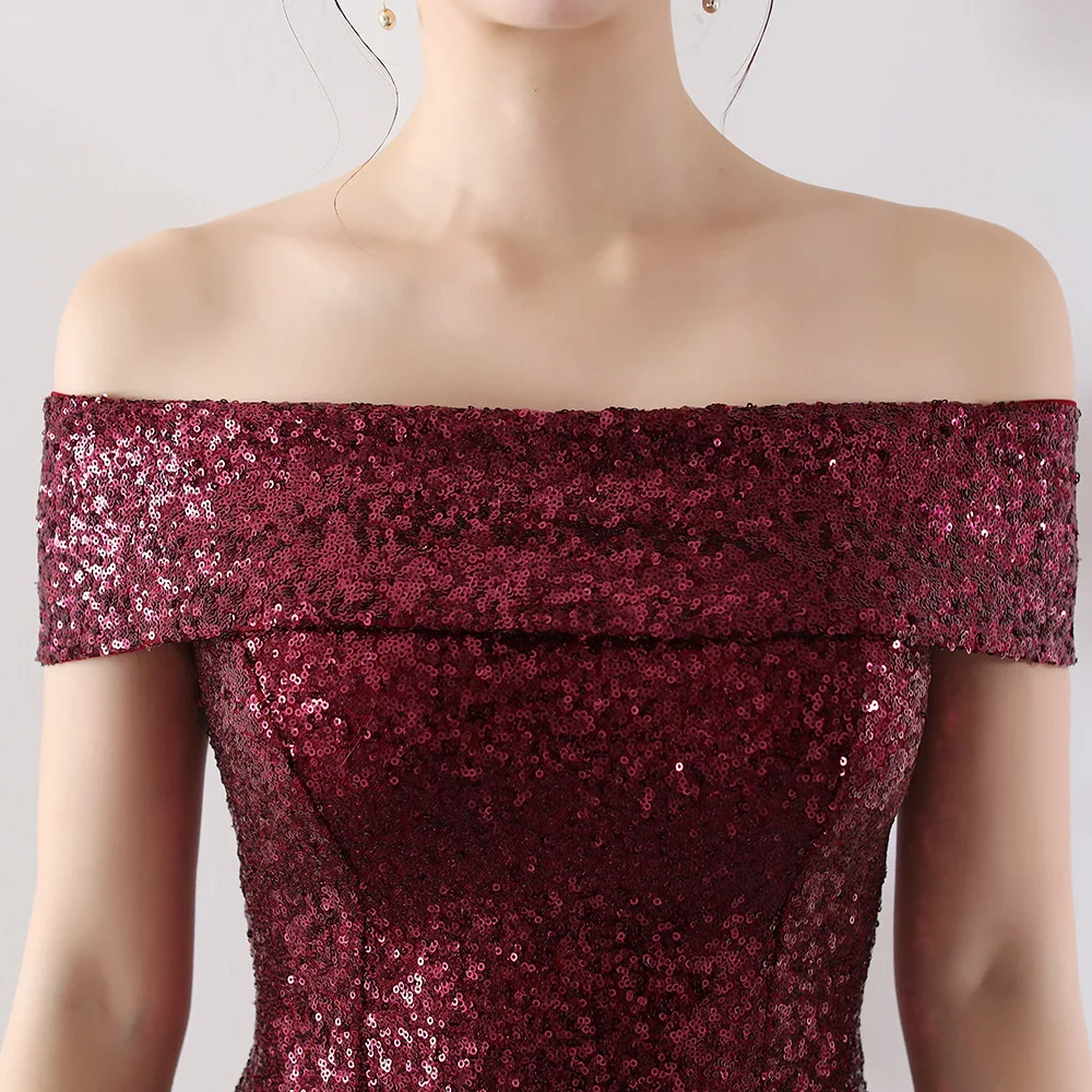 New Burgundy Sequin Cocktail Dress Nermaid Sexy Boat Neck Off The Shoulder Women Short Prom Gown Navy Lady Wedding Party Dresses