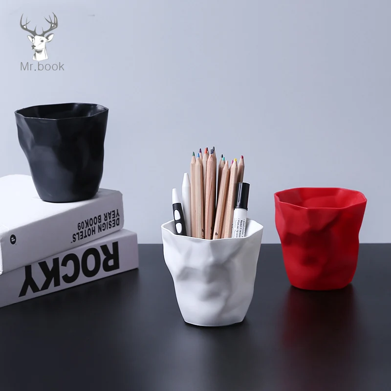 

Nordic Style Pleated Plastic Pen Holders Multi-function Desktop Storage Box Memo Box Office Stationery Organizer Car Trash Can