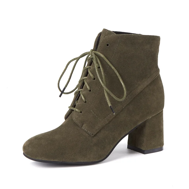 

2018 autumn and winter new high-heeled round head front with thick with women's boots suede wild green 1102