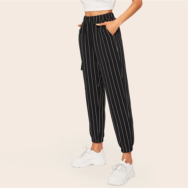 SHEIN Короткие Брюки В Полоску C Боковыми Карманами Женские Весенние Повседневные Брюки С Эластичным Поясом