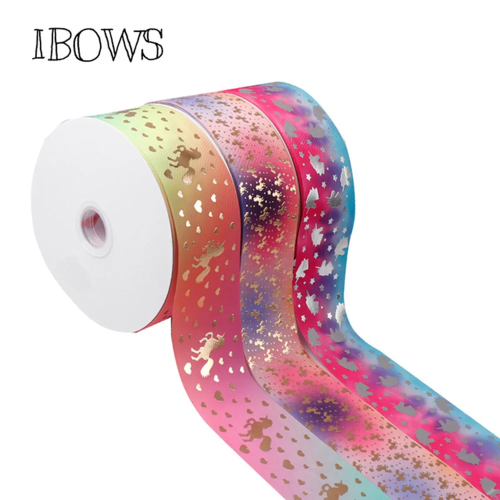 

2yards 3''(75mm) Grosgrain Rainbow Ribbon Gold Foil Horn Horse Pattern Printed Tape DIY Handmade Materials Celebrated Decoration