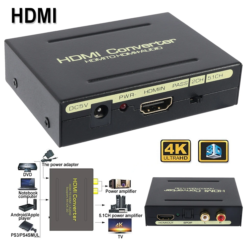  4K HDMI Splitter R/L Uscita Audio Cavo Adattatore Convertitore Full HD 1080p 10.2Gbps Audio Extract